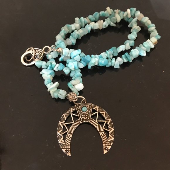 Southwestern Amazonite Gemstone Necklace Handmade Squash Blossom Silver Beaded - Picture 14 of 15